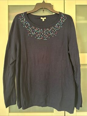 Talbots Navy Crewneck Sweater with Multicolor Bead Embellishment